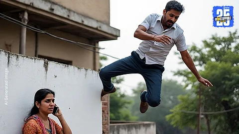 A police team gathered near a Kanpur building where a man allegedly jumped from the third floor after a domestic argument with his wife, leading to his death.