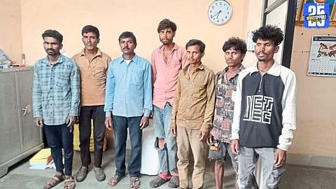 Seized Khair timber worth ₹28,000 displayed by forest officials after action in Dhanewadi; four suspects in custody.”
