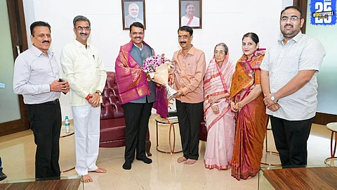 Tourism Minister Shambhuraj Desai and family with CM during their symbolic return to Meghdoot after 55 years."