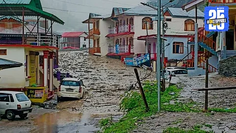 A massive flash flood triggered by a cloudburst sweeps through Dharali village in Uttarkashi, leaving a trail of destruction with homes and hotels washed away.