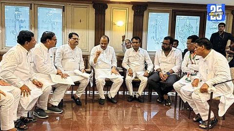 Ajit Pawar in discussion with senior NCP leaders ahead of the upcoming Shrigonda workers’ meet on August 29.