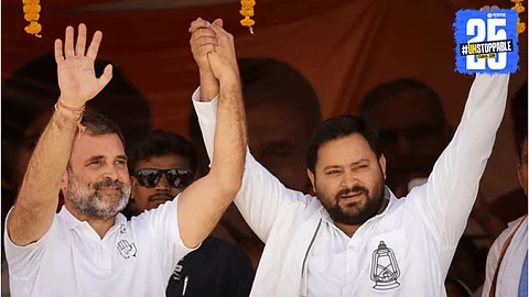 Rahul Gandhi and Tejashwi Yadav addressing supporters at the launch of INDIA Alliance Voter Rights Yatra in Bihar.