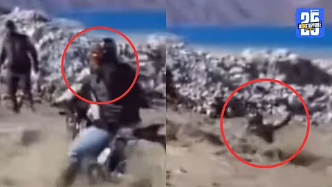 A shocking moment captured near Pangong Lake as a biker is swept away by strong floodwaters while friends desperately try to save him.