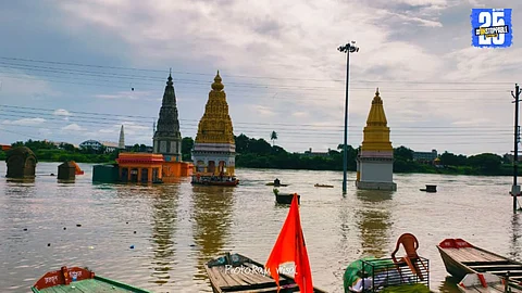 Floodwaters of Chandrabhaga river surround temples in Pandharpur after heavy rains in Ujani and Veer dam catchment areas.