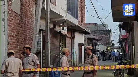Police at the crime scene in Delhi’s Khark Riwada village where a youth brutally killed his parents and brother before fleeing.