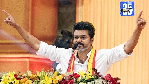 Actor Vijay Thalapathy addressing supporters during his announcement on Tamil Nadu Elections 2026.