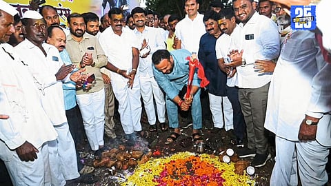 Minister Jaykumar Gore participates in the foundation ceremony of Ahilyadevi Holkar’s horseback statue in Mhaswad, honoring her legacy.