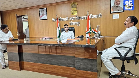 Deshmukh leaders discuss IT Park and flyover land issues with Solapur District Collector.