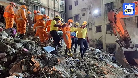 Rescue teams clearing debris at Vasai Virar Rambai Apartment collapse site where 14 people lost their lives and several remain trapped.