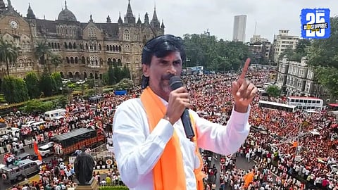 Maratha leader Manoj Jarange addressing protestors at Azad Maidan, Mumbai, during his indefinite hunger strike for reservation.