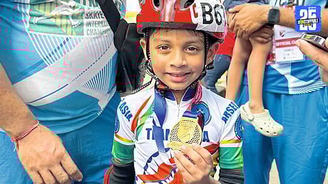 “Golden moment: Shaurya from Uplai wins gold medal at Jakarta international skating competition.”