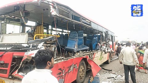 Boramani accident: Bus collides with container during overtaking, eight passengers injured.