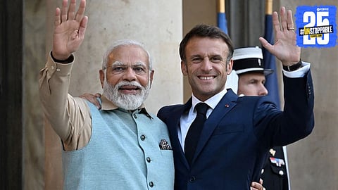 Prime Minister Narendra Modi and French President Emmanuel Macron during bilateral discussions on strengthening India–France ties and global cooperation.