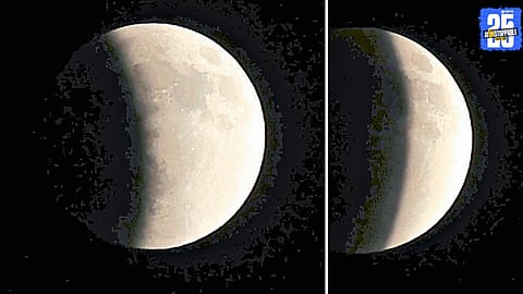 "Earth’s shadow covering the moon during the total lunar eclipse, visible from Kolhapur."