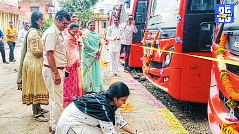 Inauguration of five new buses at Koregaon depot to enhance passenger services.
