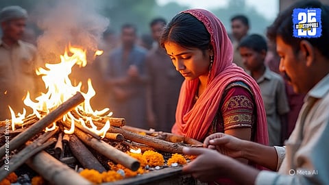 Family members and police present as daughter performs last rites of her father in Uttar Pradesh after a two-day delay due to land dispute.