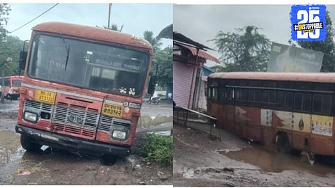 ST bus stuck in mud due to heavy rain in Nandur.