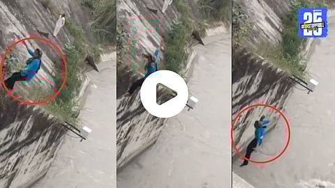 A viral video shows a young girl jumping into a fast-flowing river despite people pleading with her to stop.