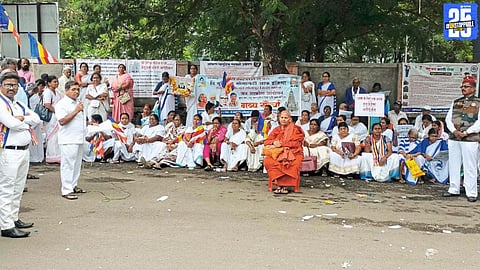 Buddhist Maha Sabha protest in Solapur demanding Dikshabhoomi management rights.