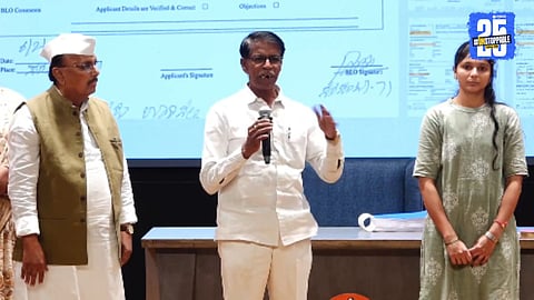 Rahul Gandhi during press conference revealing voter deletion scam in Karnataka, bringing Surya Kant on stage who exposed how 12 voter names were deleted in just 14 minutes.