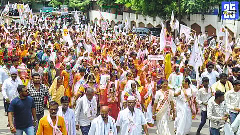 Banjara community stages protest march in Solapur, demanding ST reservation.