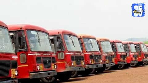 MSRTC buses lined up at a depot in Maharashtra ahead of the festive season fare hike announcement.