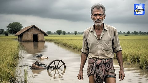 Farmer inspecting damaged crops after heavy rainfall as relief remains stalled due to pending panchanama reports.