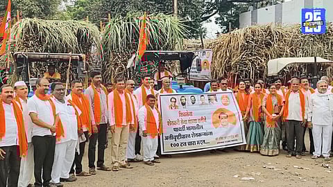 Shetkari Sena volunteers loading sugarcane fodder for dispatch to flood-affected villages in Pathardi, extending vital help for livestock survival.