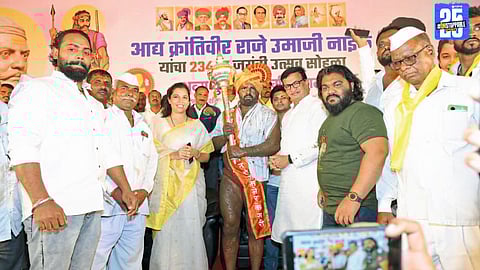 Harshvardhan Sadgir celebrates his victory as Maharashtra Kesari at the grand wrestling event in Yashodhan Patangan.