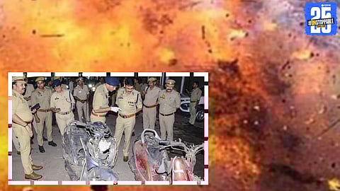 Rescue teams and police inspect the site after a powerful blast near a mosque in Kanpur’s Mishri Bazaar that left six people injured.