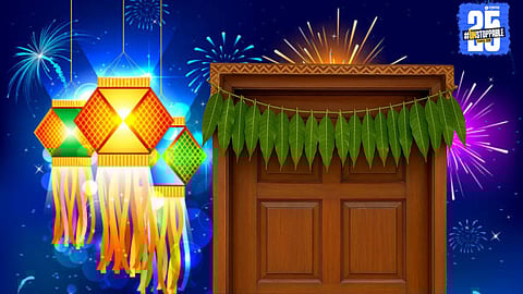 A beautifully decorated torana made of fresh mango leaves hanging at the entrance, symbolizing prosperity and positive energy during festive celebrations.