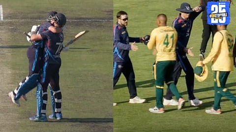Namibia players celebrate their historic T20 victory over South Africa after winning by four wickets.
