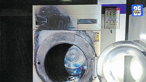 Fire brigade controlling the blaze at Dharagal Ayush Hospital’s washing machine unit, which caused damage worth ₹15 lakh.