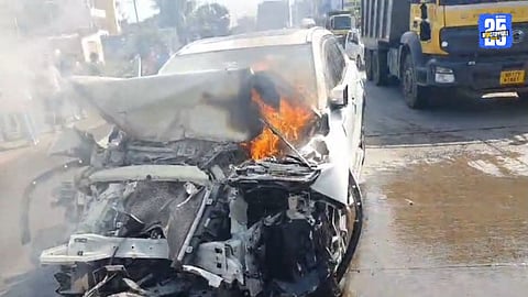 Horrific accident near Bhukum on Pune-Kolad Road — car collides with dumper, driver critically injured; police begin investigation.