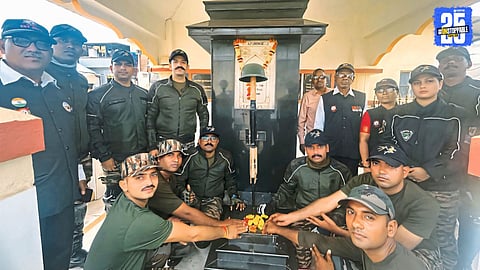 Lt Col Saurabh Hoon leading army veterans during the motorcycle rally that concluded at Apshinga village.