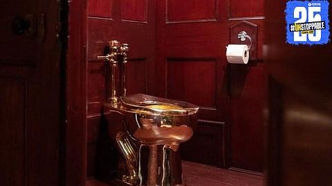 An image showing the luxurious bathroom setup that reportedly includes a toilet seat worth ₹88 crore — sparking massive debate online.