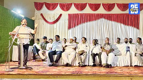 “Minister Makrand Patil addressing NCP workers’ meeting in Wai; confirms party will contest civic elections on ‘Clock’ symbol.”