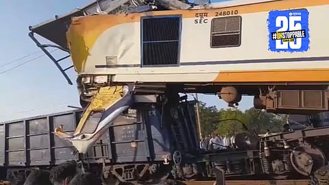 Rescue teams working at the Bilaspur train accident site in Chhattisgarh after a freight train collided with a passenger train, leaving several dead and injured.