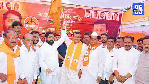 Deputy CM Eknath Shinde welcoming Sujit Zaware into Shiv Sena during a public event in Parner; predicts party’s growing strength in the region.