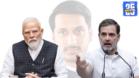 Congress leader Rahul Gandhi criticizes Prime Minister Narendra Modi over the Parth Pawar land deal controversy during a press briefing.