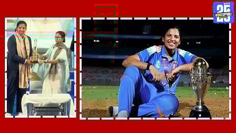 Richa Ghosh receiving the Bang Bhushan award and DSP appointment certificate from West Bengal Government officials, celebrating her contribution to Indian women’s cricket.