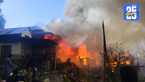 Fire engulfs homes in a Himachal Pradesh village near Kullu — emergency teams battle the raging blaze as residents watch helplessly.