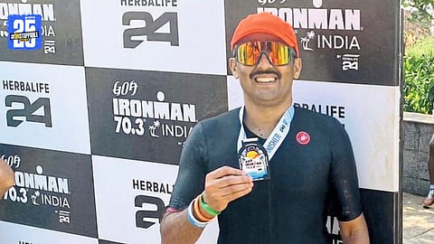 IRS Officer Swapnil Patil after completing the Ironman triathlon in 7 hours 54 minutes — a proud moment for Solapur and India.