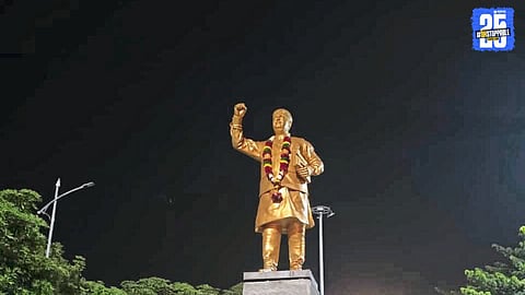 Supporters celebrate the arrival of late Gopinath Munde’s statue with festive joy and fireworks in Beed district.