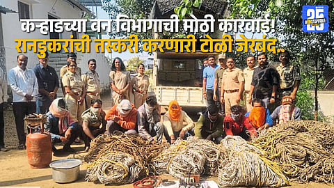 Forest officials in Karad with seized evidence after busting a wild boar smuggling gang during a midnight operation.
