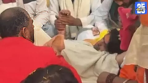 Bageshwar Dham’s Dhirendra Shastri collapsed during the Sanatan Ekta Padyatra as followers rushed to assist him.