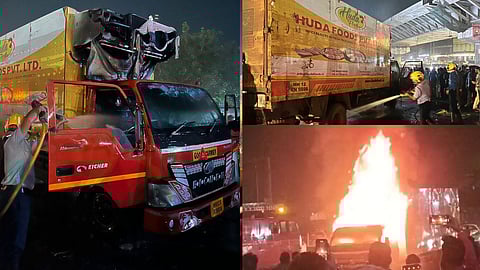 Tempo carrying chicken catches fire at Pune Katraj Chowk
