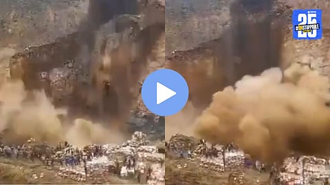 Rescue workers and officials inspecting the collapsed bridge at the Kalando copper mine in Congo where 40 workers lost their lives following panic triggered by gunfire.