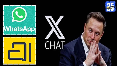 Elon Musk unveiling the new X Chat messaging app, designed to challenge WhatsApp and Arattai with advanced privacy and communication features.