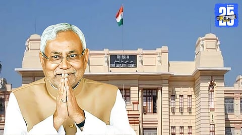 Nitish Kumar taking oath as Bihar Chief Minister in the presence of Prime Minister Narendra Modi during a grand swearing-in ceremony.